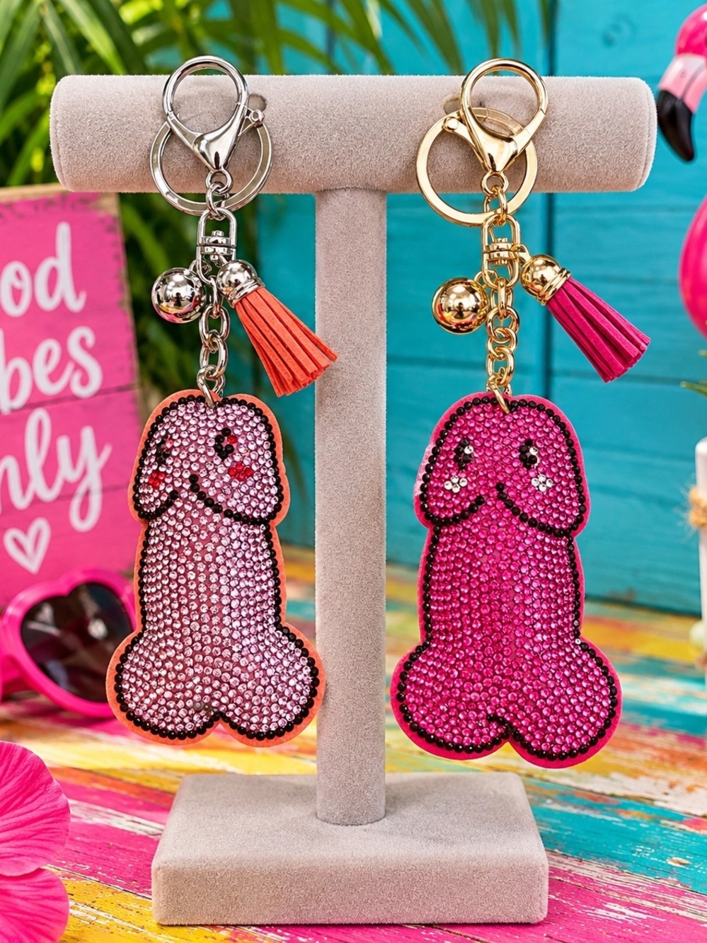 Sparkling Pink Novelty Small RICHARD Keychain - Rhinestone Tassel Accent NWT (1)